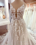 Long A-line V-neck Sleeveless Floral Lace Tulle Boho Wedding Dress