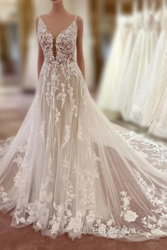 Long A-line V-neck Sleeveless Floral Lace Tulle Boho Wedding Dress Main image