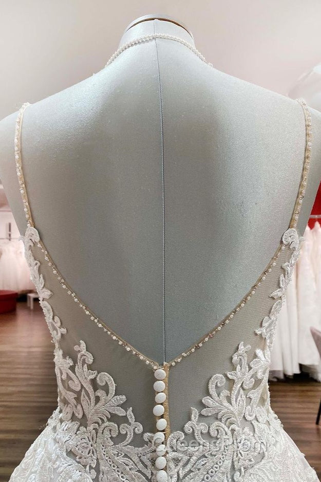 Long A-line V-neck Spaghetti Straps Backless Wedding Dress with Lace