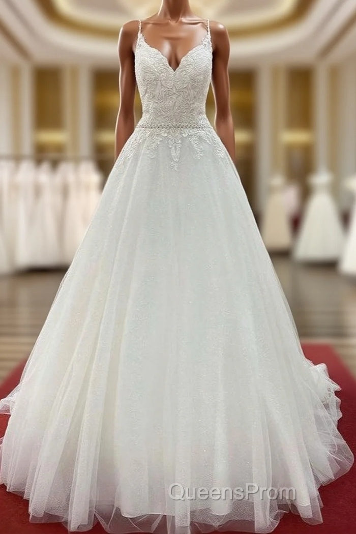 Long A-line V-neck Spaghetti Straps Backless Wedding Dress with Lace Main image
