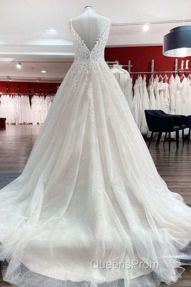 Long A-line V-neck Spaghetti Straps Tulle Lace Backless Wedding Dress Secondary image