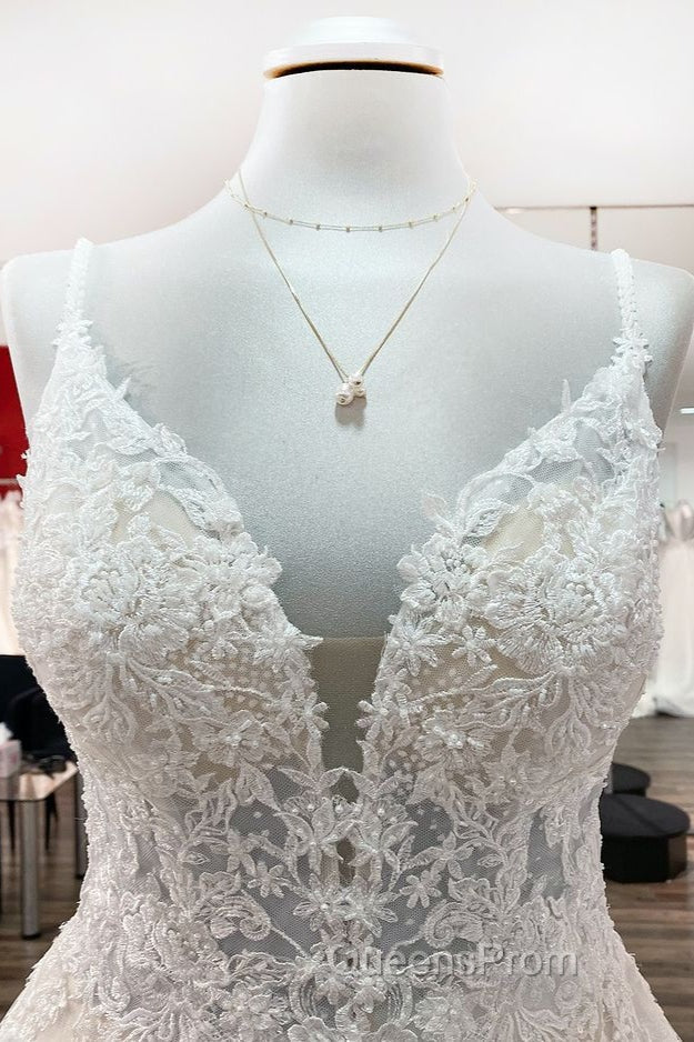 Long A-line V-neck Spaghetti Straps Tulle Lace Backless Wedding Dress