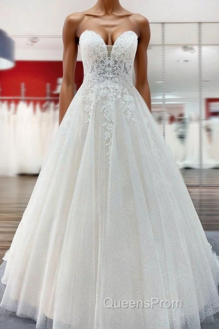 Long A-line V-neck Spaghetti Straps Tulle Lace Backless Wedding Dress Main image