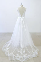 Long A-line V-neck Sweetheart Ruffle Applqiues Tulle Backless Wedding Dress