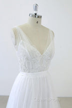 Long A-line V-neck Sweetheart Ruffle Applqiues Tulle Backless Wedding Dress