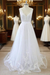 Long A-line V-neck Sweetheart Ruffle Applqiues Tulle Backless Wedding Dress