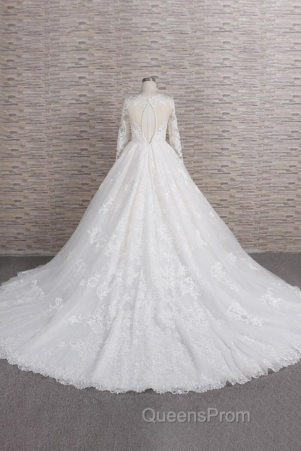 Long A-line V-neck Tulle Appliques Lace Wedding Dress with Sleeves Secondary image