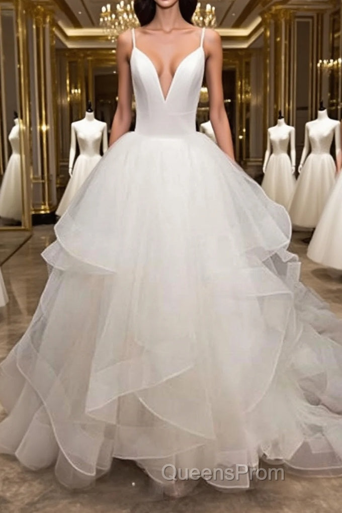 Long A-line V-neck Tulle Backless Wedding Dress Main image