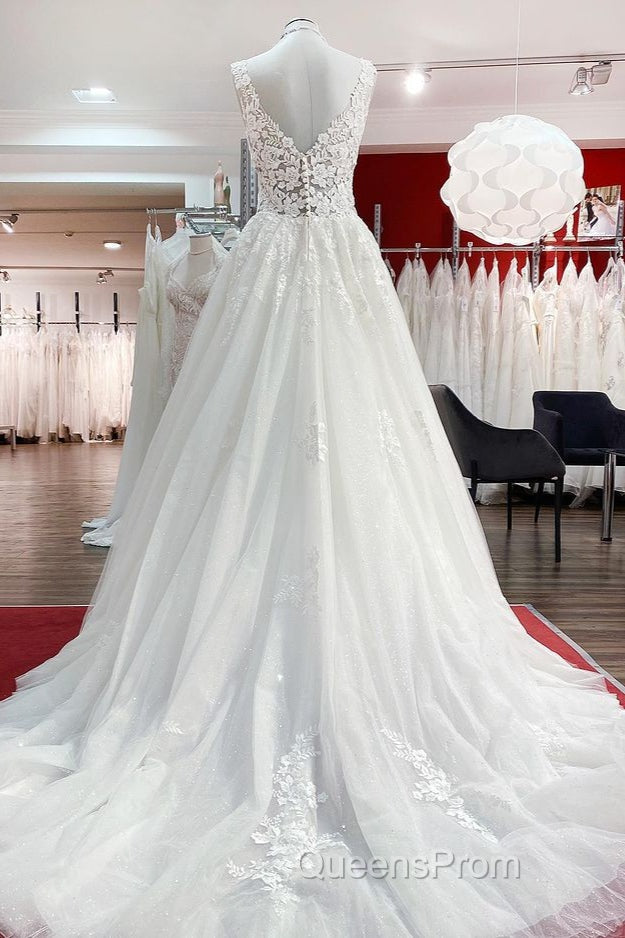 Long A-line V-neck Tulle Lace White Ruffles Wedding Dress Secondary image
