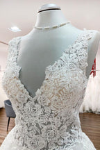 Long A-line V-neck Tulle Lace White Ruffles Wedding Dress