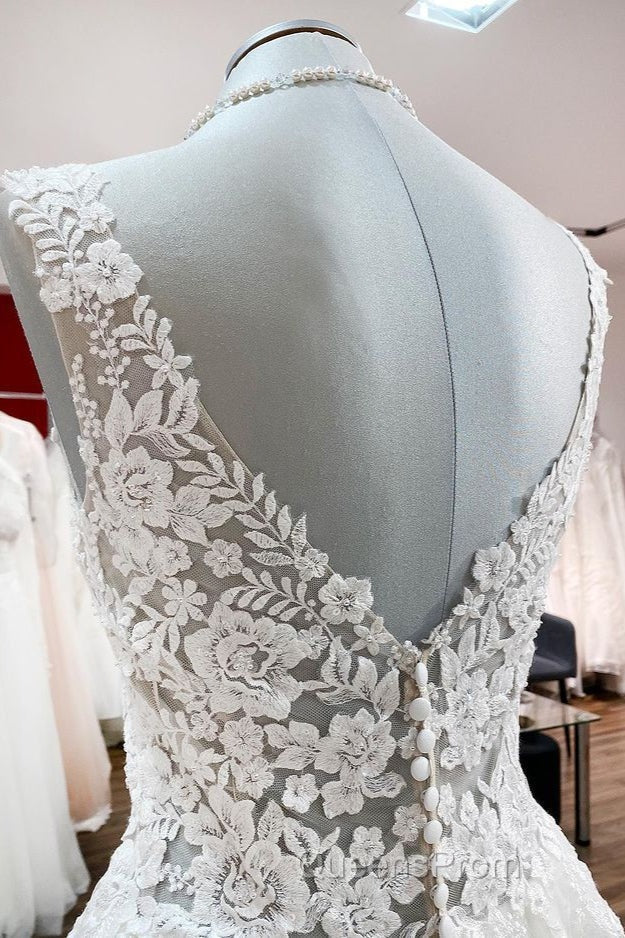 Long A-line V-neck Tulle Lace White Ruffles Wedding Dress