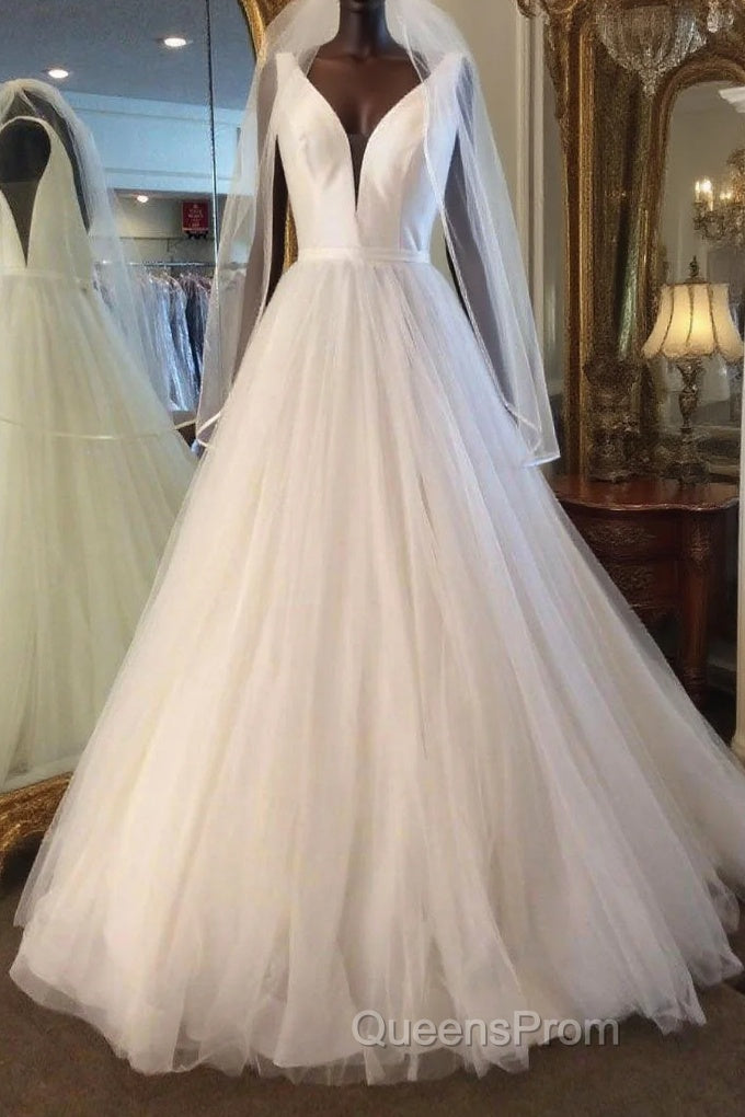 Long A-line V Neck Tulle Satin Wedding Dress Main image