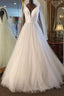 Long A-line V Neck Tulle Satin Wedding Dress