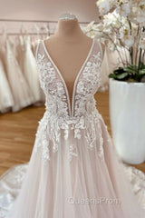 Long A-Line Wide Straps Tulle Floral Lace Wedding Dress