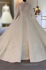 Long Ball Gown High Neck Tulle Lace Wedding Dress with Sleeves