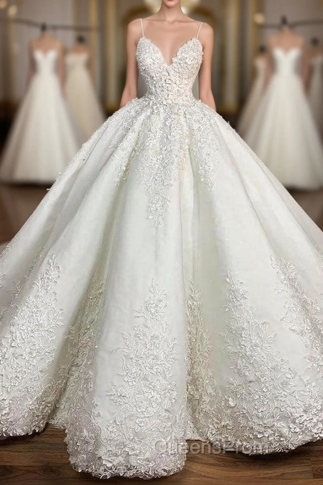 Long Ball Gown Spaghetti Strap Appliques Lace Satin Wedding Dress Main image
