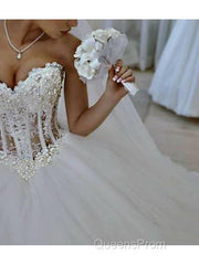 Long Ball Gown Strapless Lace Tulle Wedding Dress