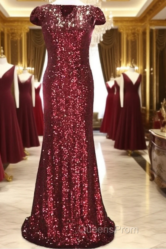 Long Burgundy Sequins Dropped Back Mermaid Bridesmaid Dress Main image
