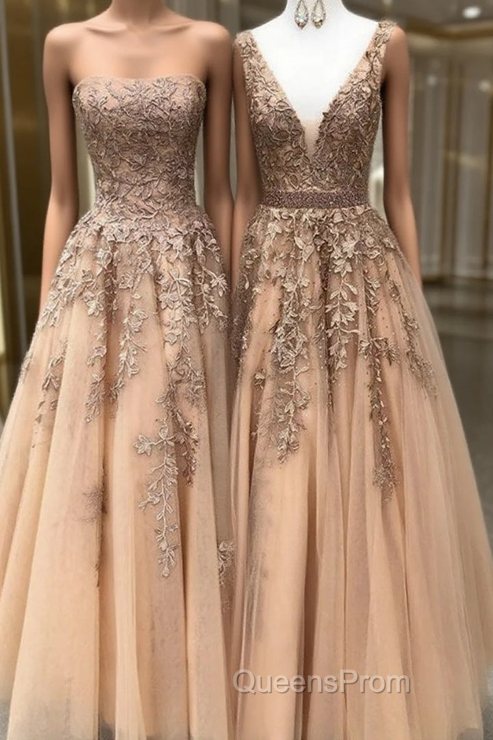Long Champagne Evening Prom Dress Sexy V Neck Strapless A Line Appliques Formal Party Dress
