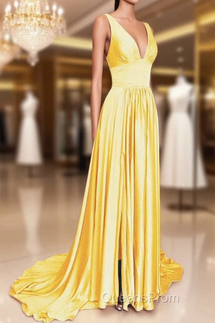 Long Chiffon V-Neck Empire Waistline Leg Slit Bridesmaid Dress Main image