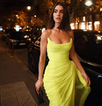 Long Chiffon Yellow Classy Prom Dress With Irregular Skirt