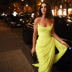 Long Chiffon Yellow Classy Prom Dress With Irregular Skirt