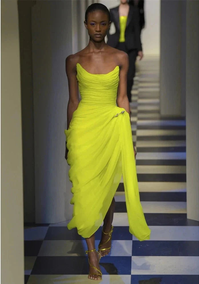 Long Chiffon Yellow Classy Prom Dress With Irregular Skirt