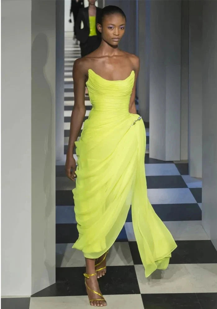 Long Chiffon Yellow Classy Prom Dress With Irregular Skirt