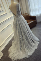Long Custom Gray V-Back Scoop Tulle With Lace Appliques Prom Classy Prom Dress