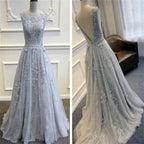 Long Custom Gray V-Back Scoop Tulle With Lace Appliques Prom Classy Prom Dress