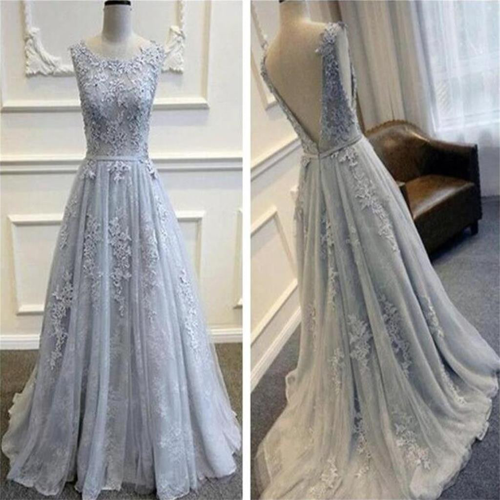 Long Custom Gray V-Back Scoop Tulle With Lace Appliques Prom Classy Prom Dress