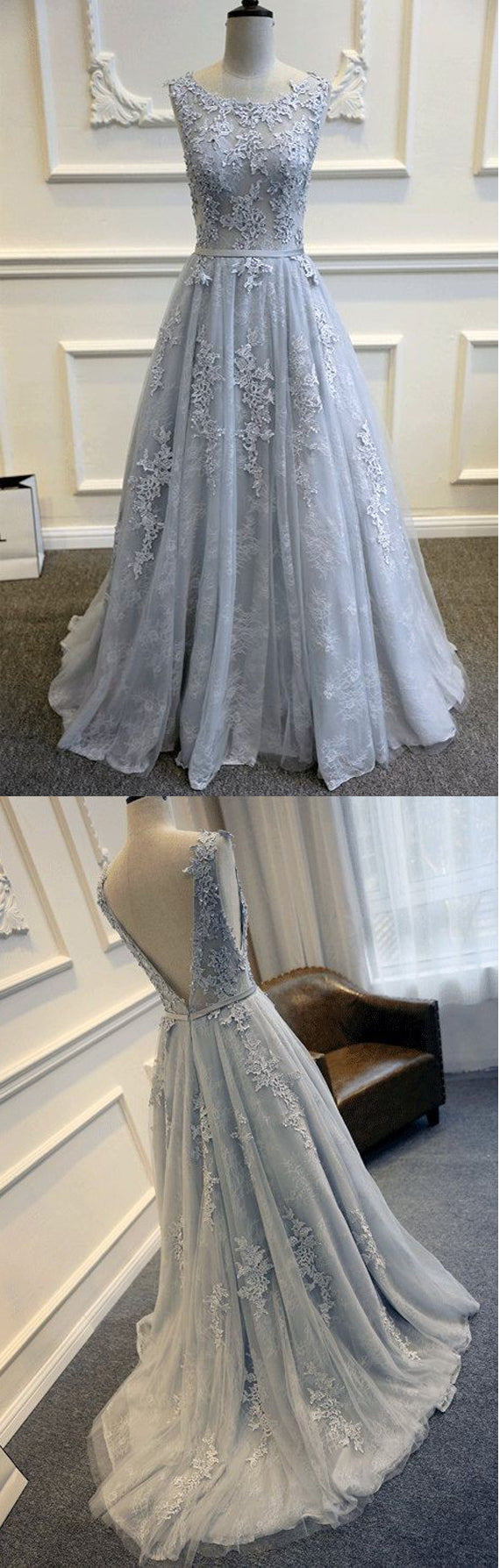 Long Custom Gray V-Back Scoop Tulle With Lace Appliques Prom Classy Prom Dress