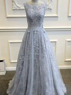 Long Custom Gray V-Back Scoop Tulle With Lace Appliques Prom Classy Prom Dress