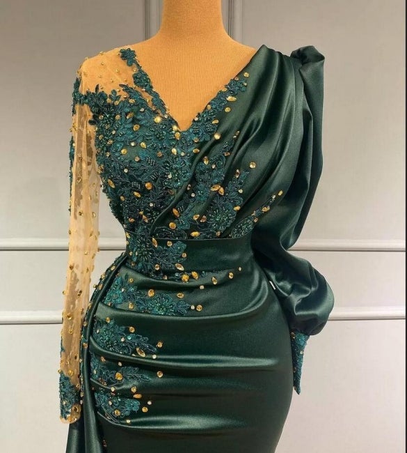 Long Dark Green Elegant Mermaid Prom Dress With Sleeves Secondary image