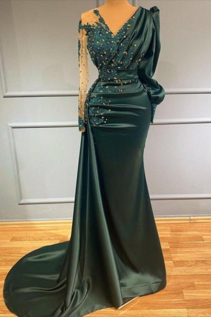 Long Dark Green Elegant Mermaid Prom Dress With Sleeves Main image