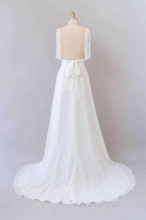 Long Empire A-line V-neck Lace Chiffon Open Back Wedding Dress Secondary image