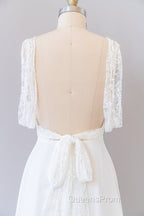 Long Empire A-line V-neck Lace Chiffon Open Back Wedding Dress