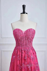 Long Fuchsia Evening Prom Dress Strapless A-Line Floral Formal Wear Slit