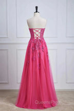 Long Fuchsia Evening Prom Dress Strapless A-Line Floral Formal Wear Slit