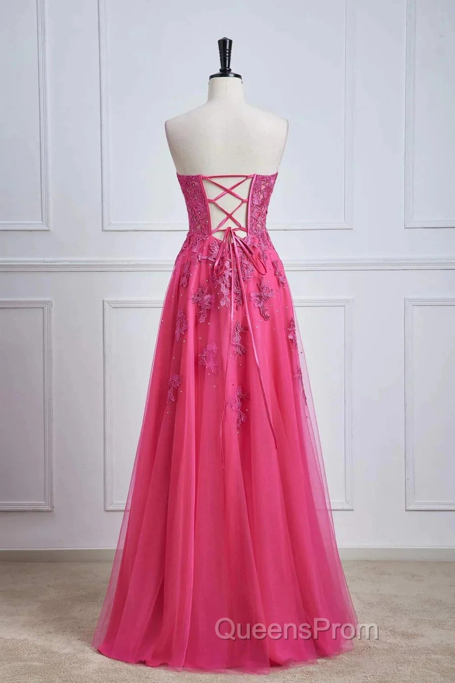 Long Fuchsia Evening Prom Dress Strapless A-Line Floral Formal Wear Slit