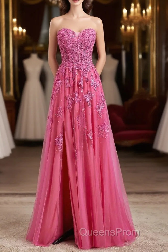 Long Fuchsia Evening Prom Dress Strapless A-Line Floral Formal Wear Slit