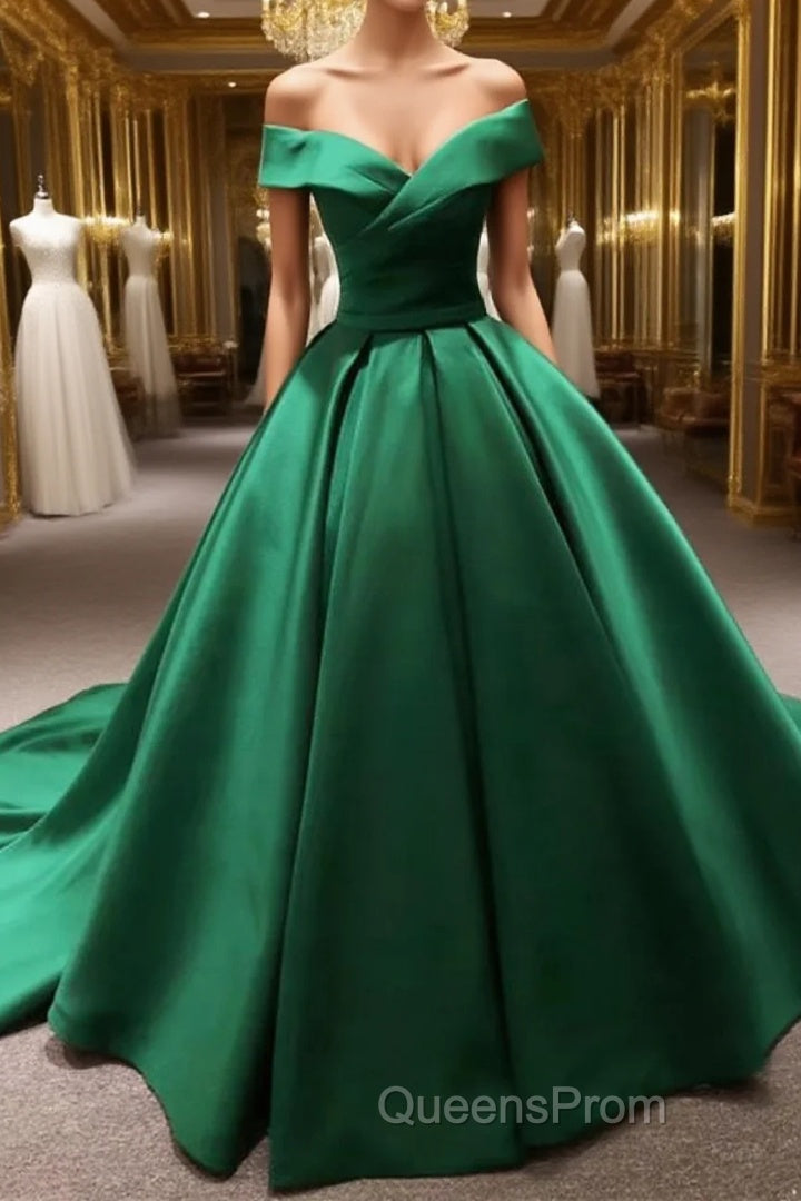 Long Green Satin V-neck Ball Gowns Evening Prom Dress Off The Shoulder Main image