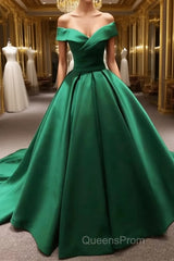 Long Green Satin V-neck Ball Gowns Evening Prom Dress Off The Shoulder