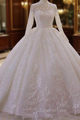 Long High neck Appliques Lace Ball Gown Wedding Dress with Sleeves