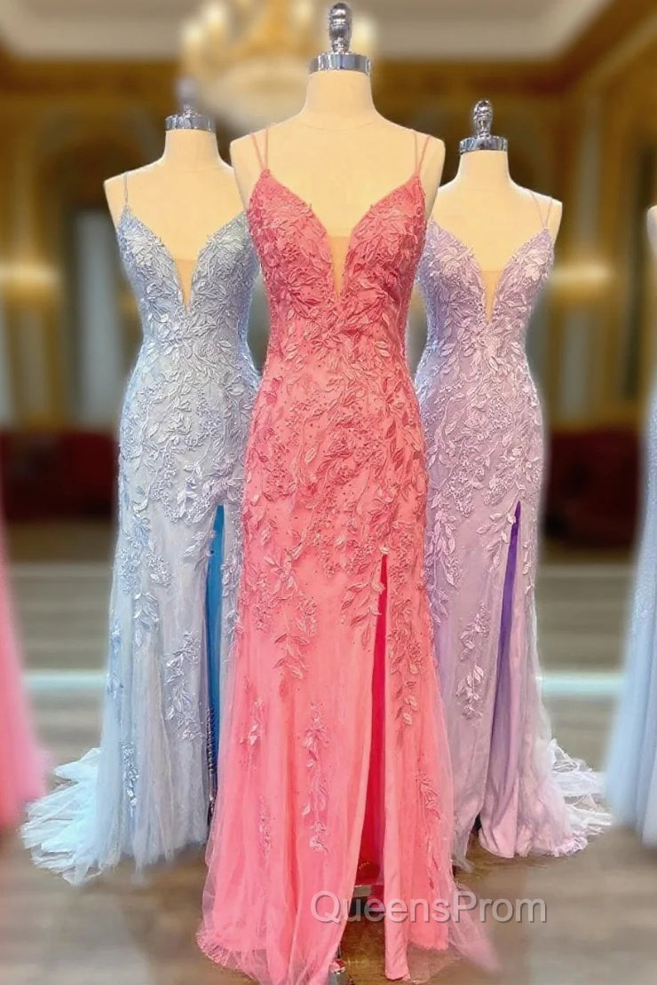 Long Lace Cheap Formal Dress Straps Appliques Mermaid Lace Up Back