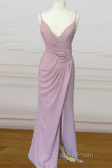 Long Mauve Pleated Chiffon Bridesmaid Dress