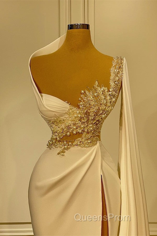 Long Mermaid Asymmetrical Ruffles Beading Satin Evening Prom Dress With High Slit Secondary image