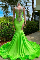 Long Mermaid Deep Sequined V-neck Stretch Satin Backless Evening Prom Dress with Appliques