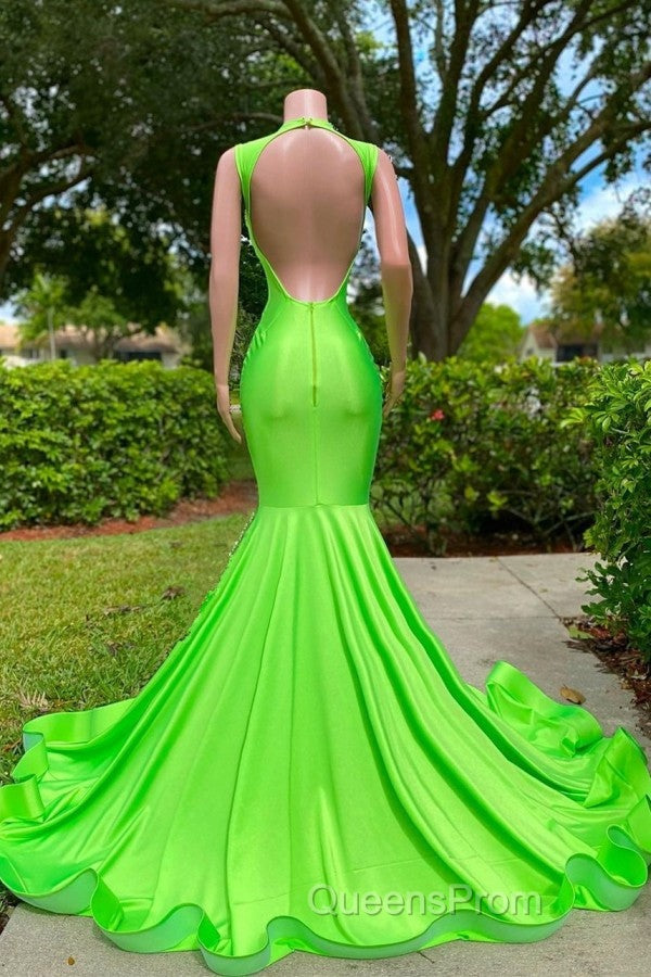 Long Mermaid Deep Sequined V-neck Stretch Satin Backless Evening Prom Dress with Appliques
