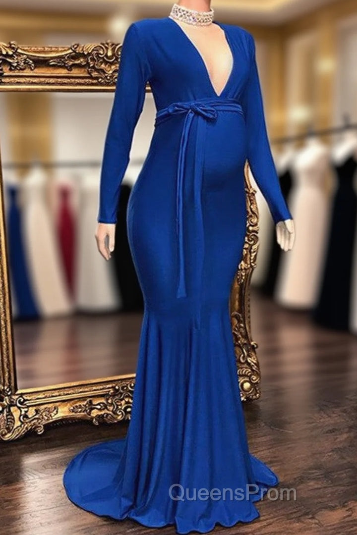 Long Mermaid Deep V-neck Pregnant Formal Evening Dress with Sleeves Main image